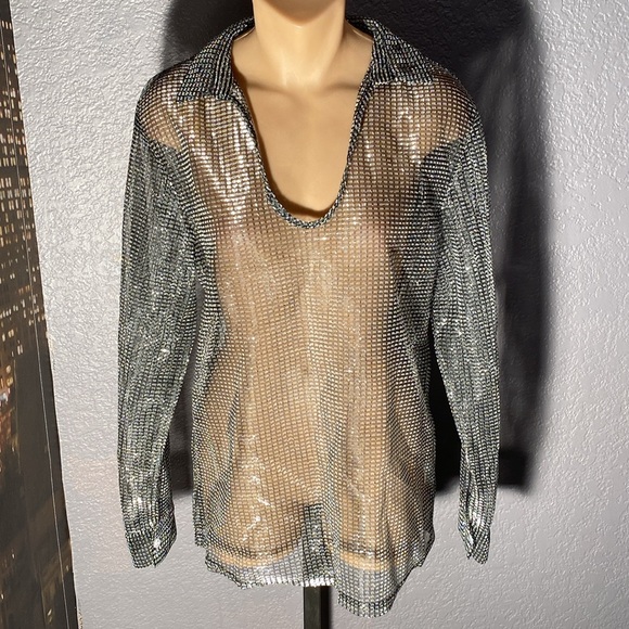 INCERUN - NWT - top: sheer black & silver l/s w collar and button cuffs - L - Picture 2 of 16